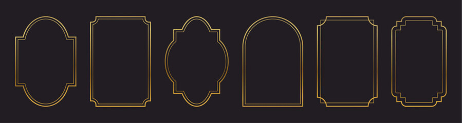Gold frame with elegant thin border and luxury golden ornament for premium design. Modern vector rectangle shape with vintage deco elements and geometric metal accents for wedding cards and templates. © vectorpouch