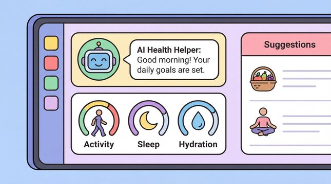 A digital pixel art mobile app interface showing health metrics including activity, sleep, and hydration trackers with a friendly robot assistant greeting and personalized lifestyle suggestions.