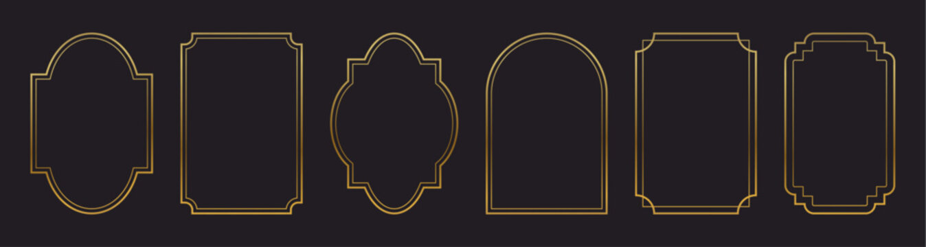 Gold frame with elegant thin border and luxury golden ornament for premium design. Modern vector rectangle shape with vintage deco elements and geometric metal accents for wedding cards and templates.