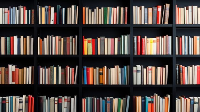 Grid composition of colorful book spines on dark library shelves, a diverse collection embodying knowledge, learning and literature. ,Study, Education
