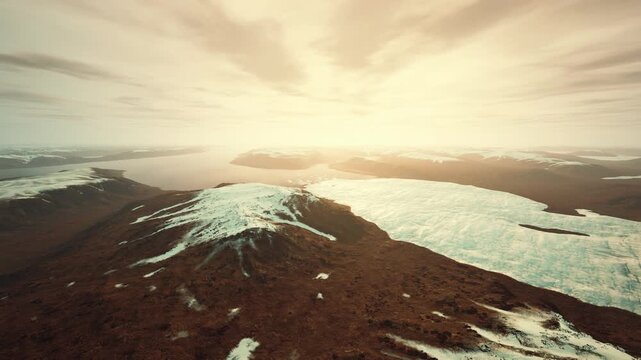 Drone view over icy plateau at dusk, soft pastel tones, smooth snowfields and sculpted ridges, gentle gradients in sky and subtle cloudscape adding cinematic