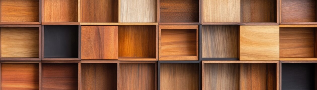 High-angle view of a modular grid wall with various wooden rectangular compartments and textured panels, highlighting natural wood grain and diverse tones. Wood, Texture