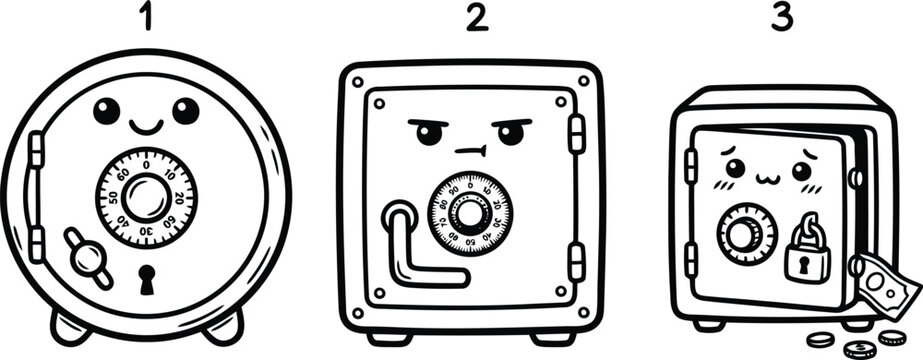 Three cartoon safes with different facial expressions