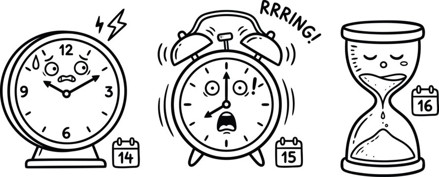 Cartoon clocks and hourglass with stressed faces and calendar dates