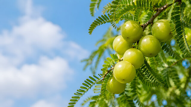 Ripe Amla Fruits on Indian Gooseberry Tree Against Blue Sky, Premium Antioxidant Superfruit Ingredient Concept
