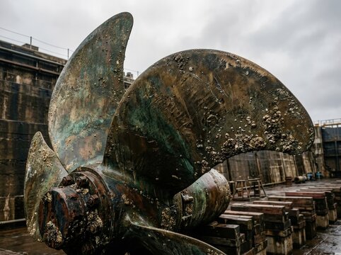 Large weathered ship propeller in a dry dock