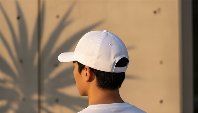 Young East Asian man wearing a blank white snapback cap in a minimalist concrete plaza
