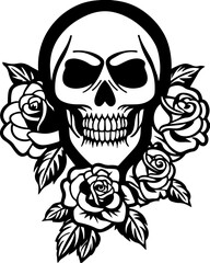 Fototapeta premium SVG vector illustration of a dark style skeleton tattoo with roses.Detailed Black and White Skull with Roses Tattoo Design Artwork