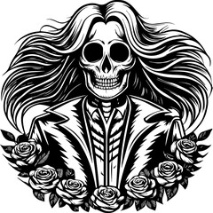 Fototapeta premium SVG vector illustration of a dark style skeleton tattoo with roses.Skull with Scythe and Rose: Gothic Art Illustration Design