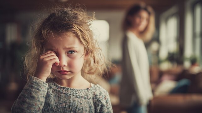 Little girl crying and rubbing an eye with a blurred mother in the background