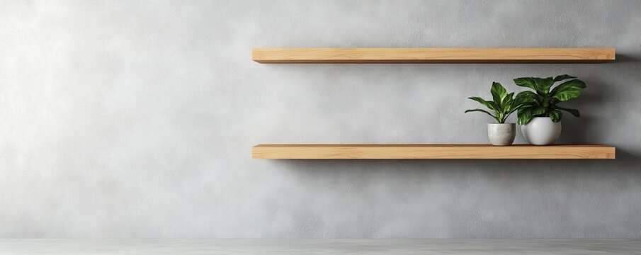Minimalist Interior Two parallel natural wood floating shelves on a textured gray wall, the lower one adorned with two potted plants. Modern, clean display space. Shelving, Greenery