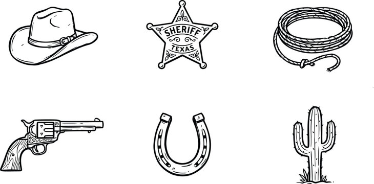 Western themed icons including cowboy hat and sheriff star