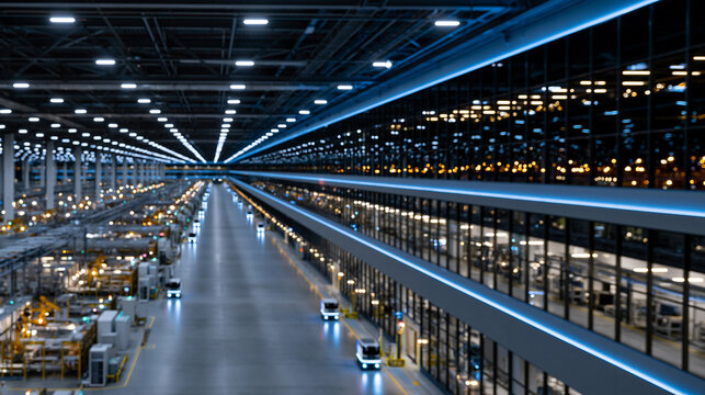 nspiring concept of the future of manufacturing, a wide cinematic aerial view of a fully automated lights-out smart factory floor at night, dozens of AGV autonomous guided vehicles