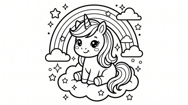 A cute baby unicorn sitting on a fluffy cloud surrounded by a rainbow, sparkling stars, and soft clouds, coloring page for kids