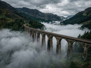 Naklejka premium Glenfinnan viaduct in the scottish highlands surrounded by mist and mountains
