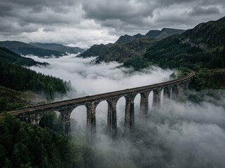 Naklejka premium Aerial view of the iconic glenfinnan viaduct in scotland surrounded by thick morning mist and lush green mountains under a dramatic cloudy sky