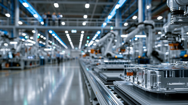 Inspiring concept of the future of manufacturing, a wide cinematic view of a vast electric vehicle battery gigafactory floor, rows of robotic assembly stations building battery pac