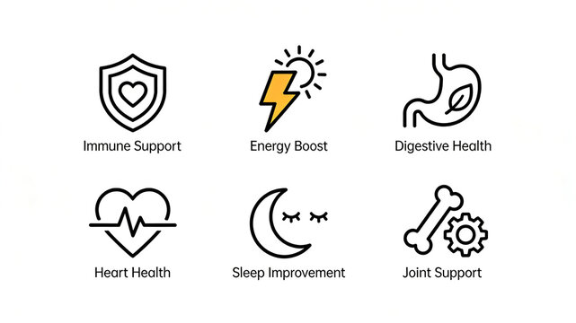 Love Shield, Sun Lightning, Stomach Heartbeat, Moon Bone Gear Icon, representing immunity, refreshing digestion, heart, sleep aid, joint support, suitable for health supplements and nutritional 