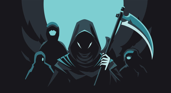 Group of dark hooded figures with glowing eyes featuring a central character holding a large scythe.