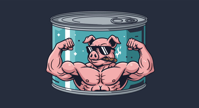 Muscular cartoon pig wearing sunglasses and smoking a cigar on a vintage style canned food label.