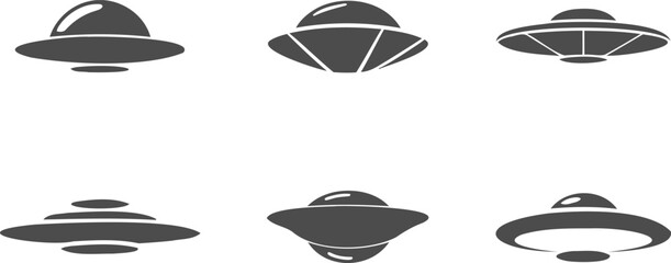 A collection of six different stylized grey flying saucer icons representing ufos isolated on transparent background © Jarina