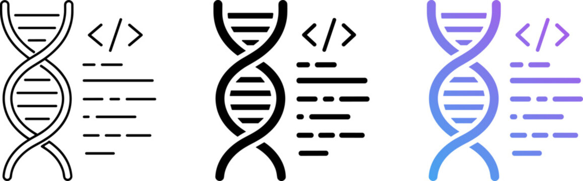 Genetics engineering scientific research symbol dna helix strands with programming code snippets flat and line art icon collection representing advanced biological data analysis software development f