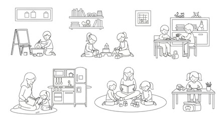 Obraz premium Children Playing and Learning Together: Drawing, Building, Reading, and Pretend Play