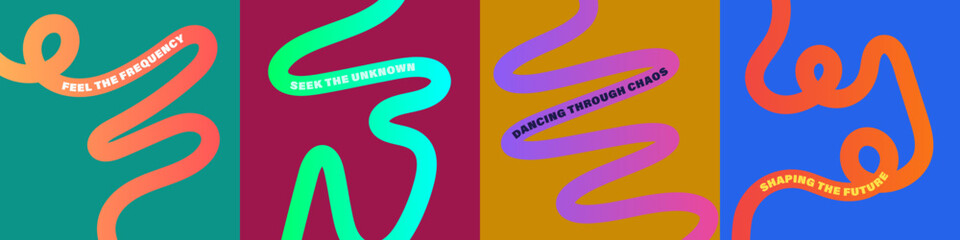 Obraz premium Abstract Wavy Typography Poster Set : Bold wavy line poster set. colorful wavy ribbon lines, motivational phrases, and vibrant modern backgrounds, for wall art, print, branding, and creative design.