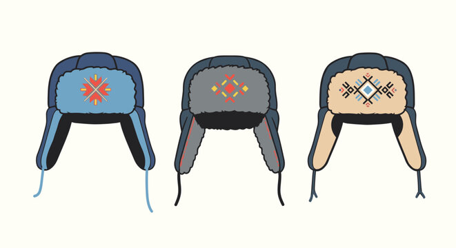 Collection of three traditional winter ushanka hats with fur lining and decorative ethnic patterns are shown on a plain background.