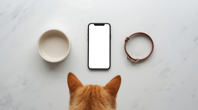 Top-down view of a cat, smartphone, bowl, and collar on a surface.