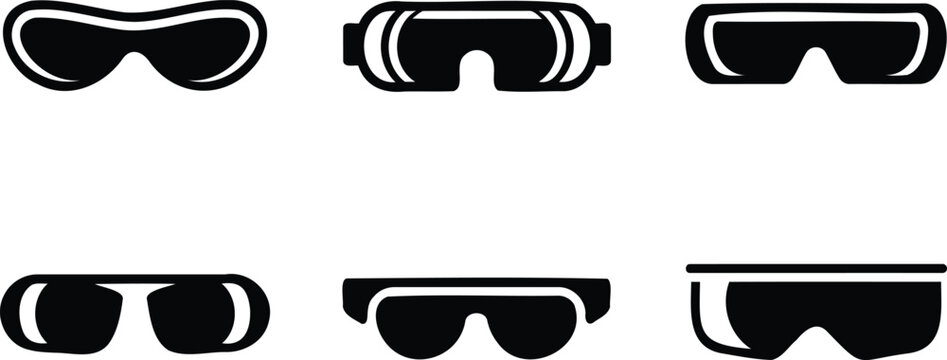 Collection of six different black silhouette icons representing various types of protective eyewear and goggles