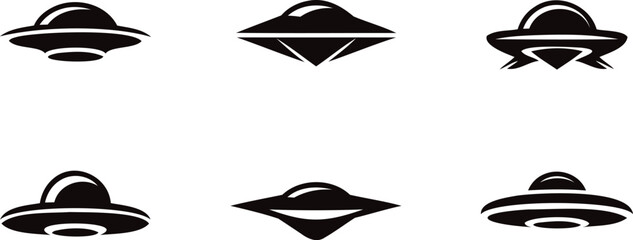 Collection of six different flying saucer icons representing unidentified flying objects in silhouette style © Jarina