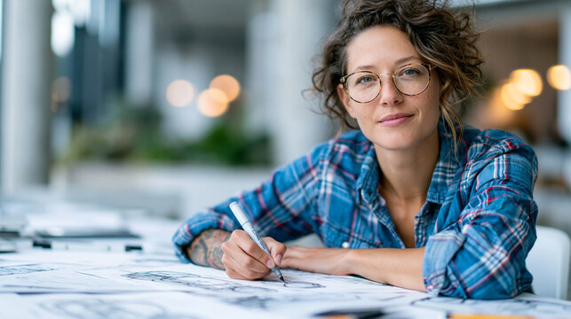 Female industrial designer sketching product concepts with Copic markers at a large bright drafting table covered in overlapping sketch sheets and thumbnail drawings, early-stage c