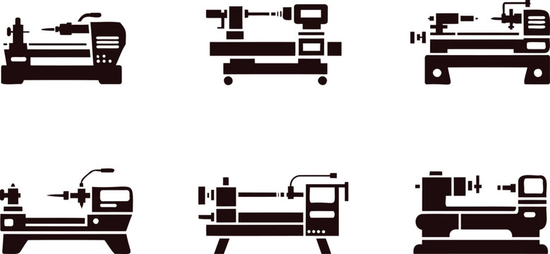 Collection of six different silhouette lathe machine icons for industrial use