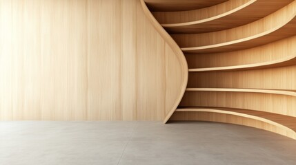 Naklejka premium Modern minimalist interior A serene blonde wood wall contrasts with an organic curved wooden shelving unit, creating dynamic architectural design above a grey floor., CurvedShelf,