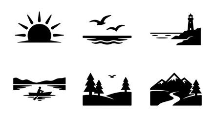 Obraz premium Minimalist Landscape Icons Set: Nature, Travel, Outdoors, Sun, Sea, Mountains, Forest