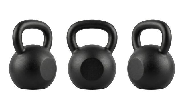 Set of 3 multi-angle views of heavy cast iron kettlebell gym weight fitness training strength workout gear, transparent background, PNG