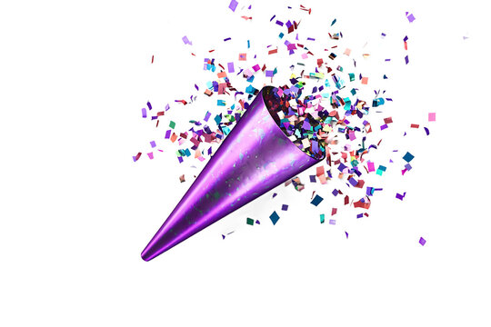 Purple party popper with colorful confetti isolated on transparent background