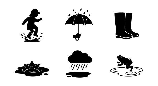 Rainy Day Icons: Child Jumping, Umbrella, Boots, Paper Boat, Cloud, Frog