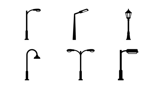 Street Light Icons Set, Urban Lighting Fixtures, Outdoor Lamppost Vector Collection