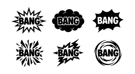 Six Black Bang Comic Speech Bubbles, Sound Effect Icons, Retro Action Graphics © NST