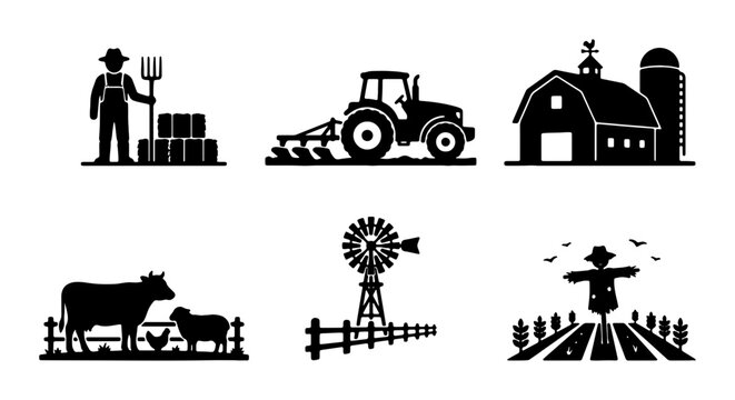 Farm Icons Set: Tractor, Farmer, Barn, Cow, Scarecrow, Windmill, Agriculture Vector Graphics