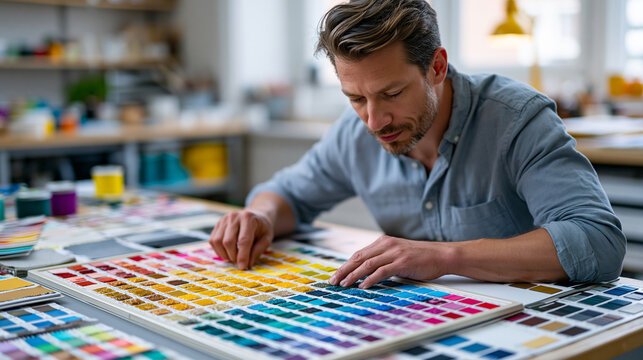 Industrial designer arranging a CMF color material and finish sample board on a bright studio workbench, rows of plastic texture chips metal swatches fabric samples and paint colou