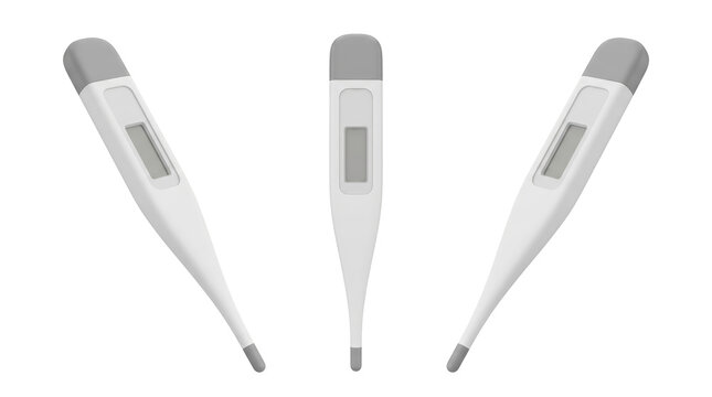 Set of 3 multi-angle views of digital electronic oral medical thermometer body fever temperature checking probe, transparent background, PNG