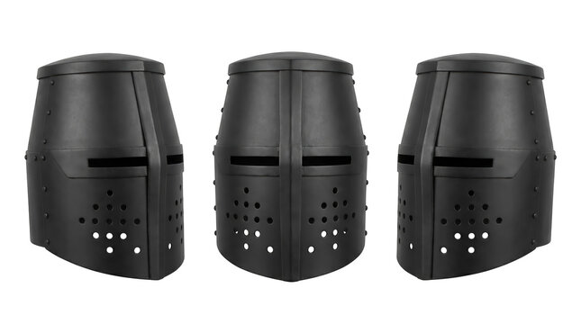 Set of 3 multi-angle views of medieval bascinet helmet steel knight armor face protection head piece, transparent background, PNG