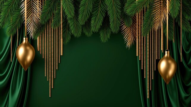 Luxury elegant christmas festive background with fresh green pine branches, teardrop shaped golden ornaments and beaded chains with empty space for holiday text