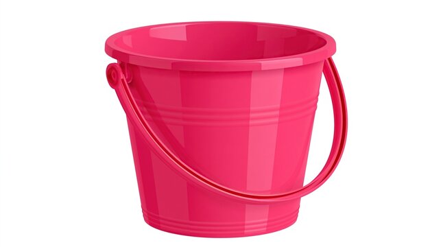 Glossy bright pink plastic bucket with movable handle on plain solid white background for utility gardening or summer outdoor use
