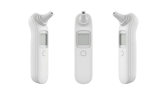 Set of 3 multi-angle views of digital electronic infrared forehead medical thermometer clinic temperature fever gun, transparent background, PNG