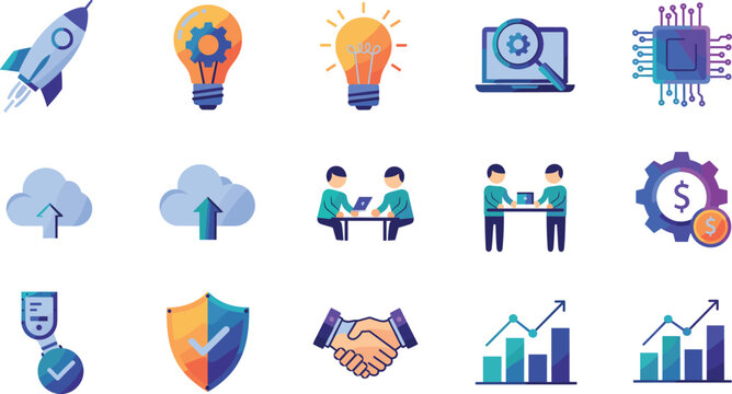 Business startup icons, innovation, teamwork, cloud computing, financial growth, data security, partnership, success strategy, vector illustration