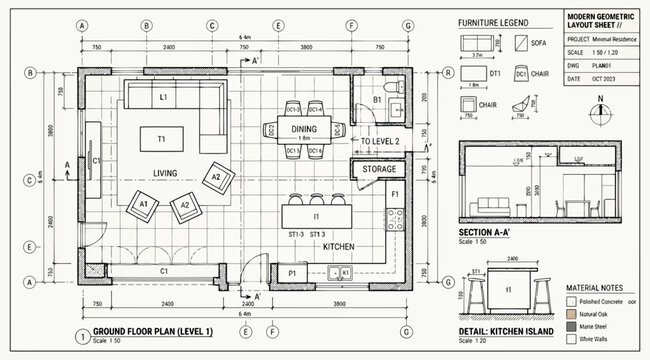 Architectural floor plan of a modern residential ground level with furniture layout